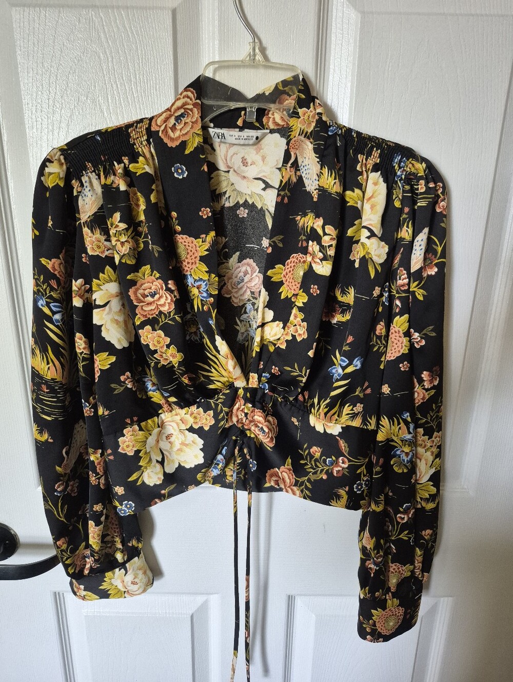 Zara Black Floral Tie-Front Blouse
